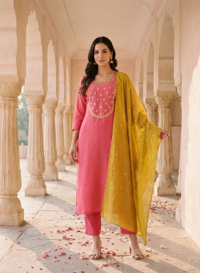 Yuris Peach Embroidered, Three Quarter Sleeve, Round Embroidered Neck, Straight Kurta Set, Side Slit with Printed Dupatta - Image 1