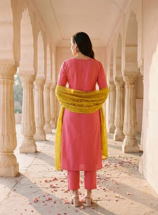 Yuris Peach Embroidered, Three Quarter Sleeve, Round Embroidered Neck, Straight Kurta Set, Side Slit with Printed Dupatta - Image 5