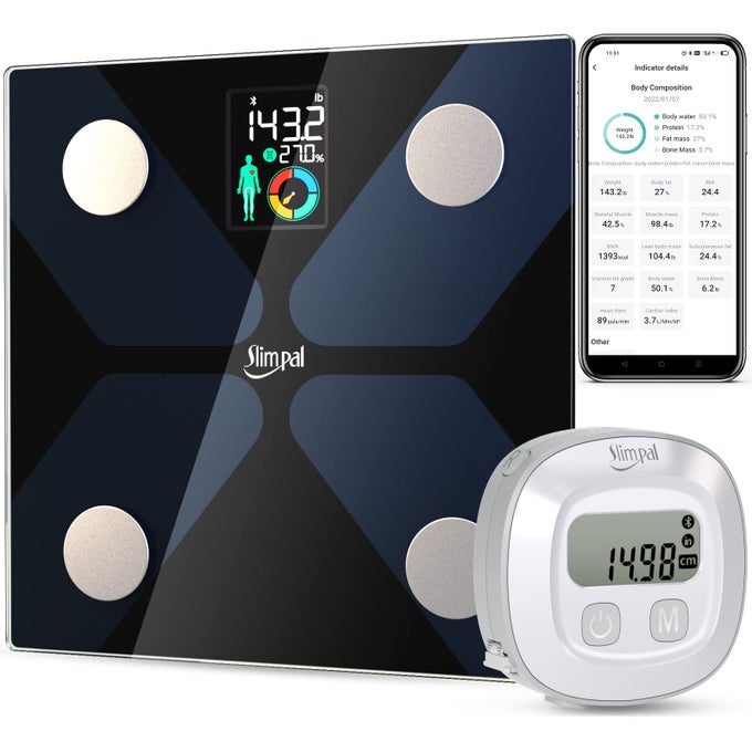 BODY FAT MEASURING TAPE AND SMART SCALE FOR BODY WEIGHT AND FAT WITH APP DIGITAL BATHROOM SCALE FOR WEIGHT LOSS BODY COMPOSITION AND CIRCUMFERENCE ANALYZER