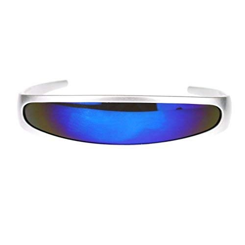 SA106 Mirror Lens Monolens Cyclops Robotic Futuristic Sunglasses Silver - Blue Mirror - Image 1
