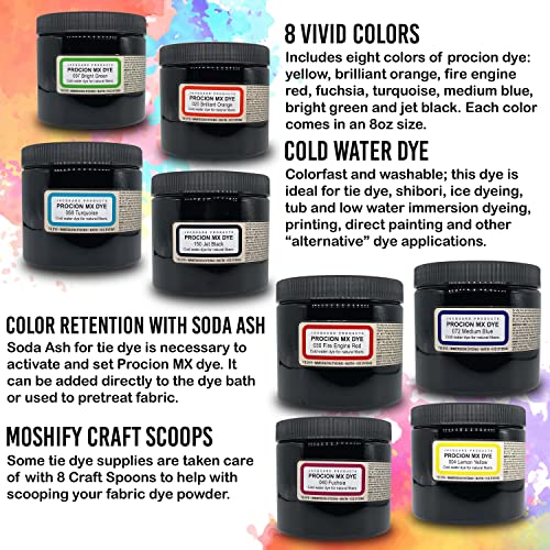 Moshify Jacquard Procion MX Dye Kit - USA Made - 8 Vibrant Colors, 8 oz Each - Fiber Reactive - Tie Dye Party Supplies - Bundled with Scoops - Image 4