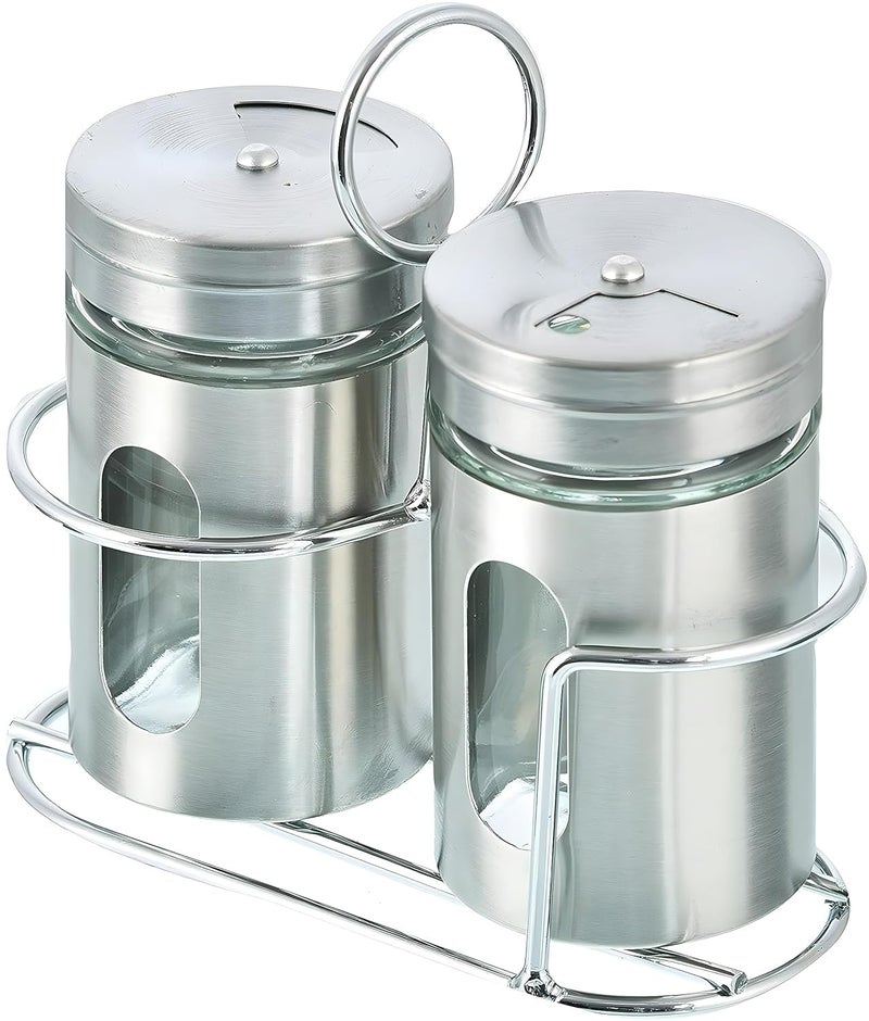 RJ kitchenware Store Spice Jar Stainless Steel & Glass With Holder Stand (Set of 2)-Salt & Pepper Shaker, Oregano,Chilli Flakes, Sugar, Seasoning Sprinkler | Dining Table Masala Box Dabbi - Image 1
