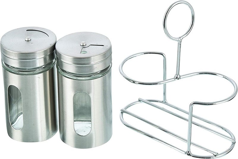 RJ kitchenware Store Spice Jar Stainless Steel & Glass With Holder Stand (Set of 2)-Salt & Pepper Shaker, Oregano,Chilli Flakes, Sugar, Seasoning Sprinkler | Dining Table Masala Box Dabbi - Image 2