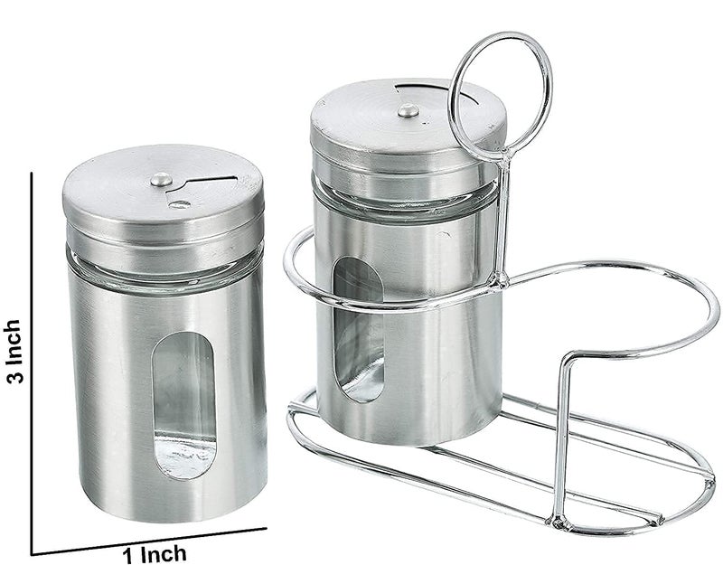 RJ kitchenware Store Spice Jar Stainless Steel & Glass With Holder Stand (Set of 2)-Salt & Pepper Shaker, Oregano,Chilli Flakes, Sugar, Seasoning Sprinkler | Dining Table Masala Box Dabbi - Image 5