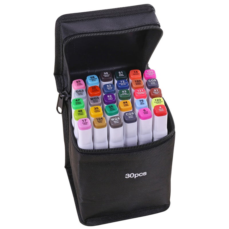 Double-Ended Art Markers - 30 Highly Pigmented Vibrant Smear-Proof Quick-Drying Color-Coded Caps Waterproof Markers for Comic Design Architectural Rendering Landscape Travel & Storage - Image 1
