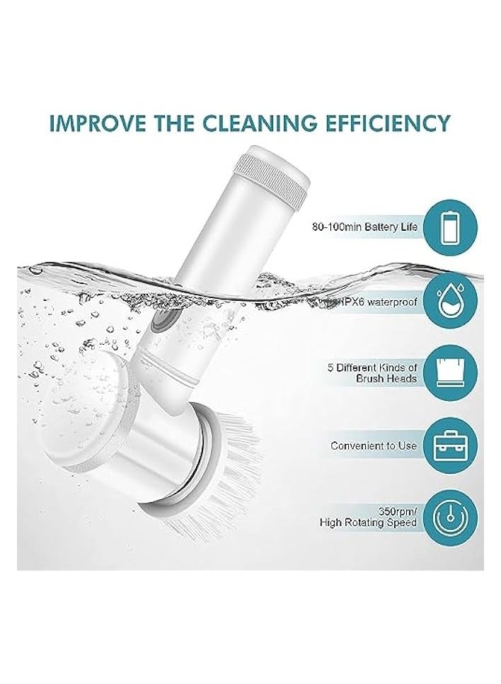 erorex Electric Spin Scrubber,Cordless-Handheld Shower Scrubber,Power Cleaning Brush with 5 Rotating Brush Heads,Rechargeable Multi-Purpose Scrubber for Tiles/Floor/Bathtub/Kitchen/Sink-White - Image 2