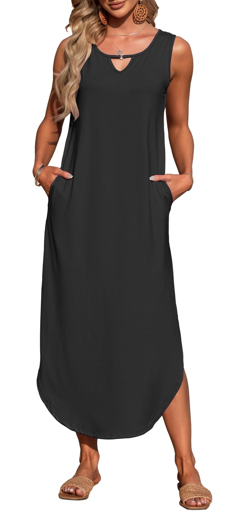 MISFAY Women's Summer Maxi Dress Sleeveless Loose Long Beach Split Dresses with Pockets(Black,L) - Image 2