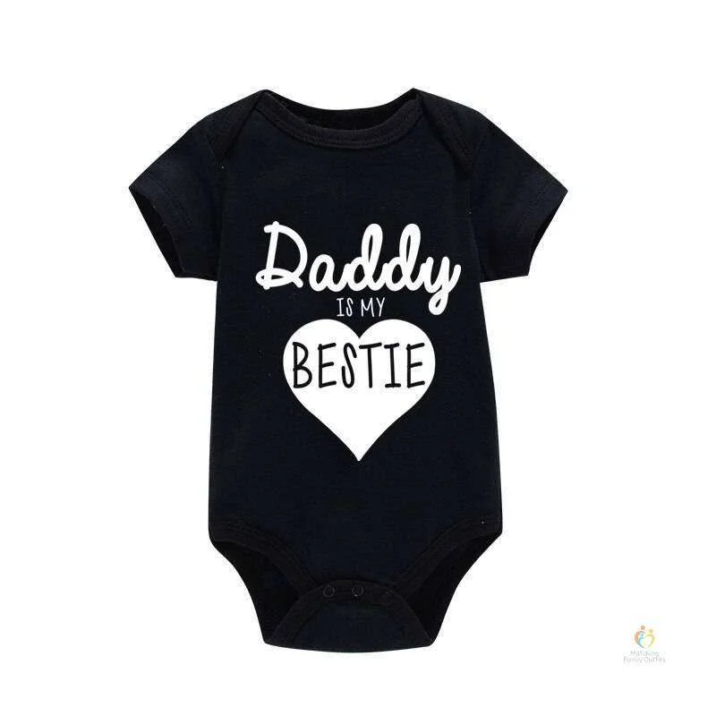 Matching Family Outfits Daddy Is My Bestie Baby Romper – Cute Heart Print Infant Bodysuit, Unisex Newborn Baby Boy Girl Short Sleeve Cotton Jumpsuit, Adorable Baby Outfit (BLACK)