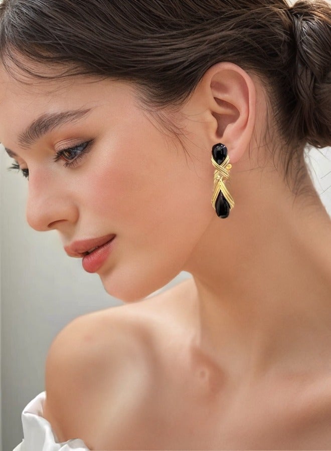 Retro Matte Black Gold Teardrop Studs  - Image 3