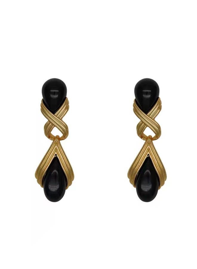 Retro Matte Black Gold Teardrop Studs  - Image 1