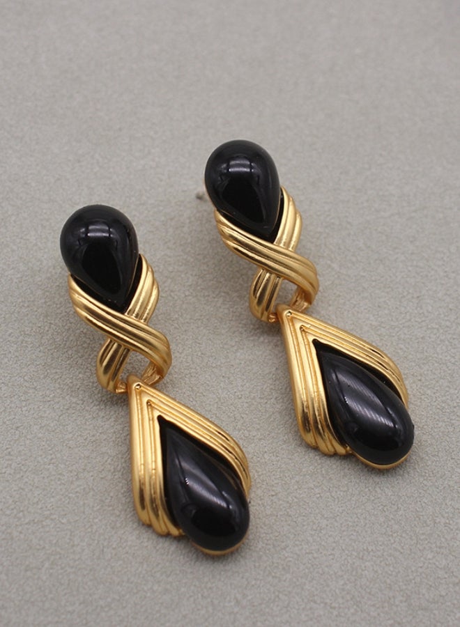 Retro Matte Black Gold Teardrop Studs  - Image 2