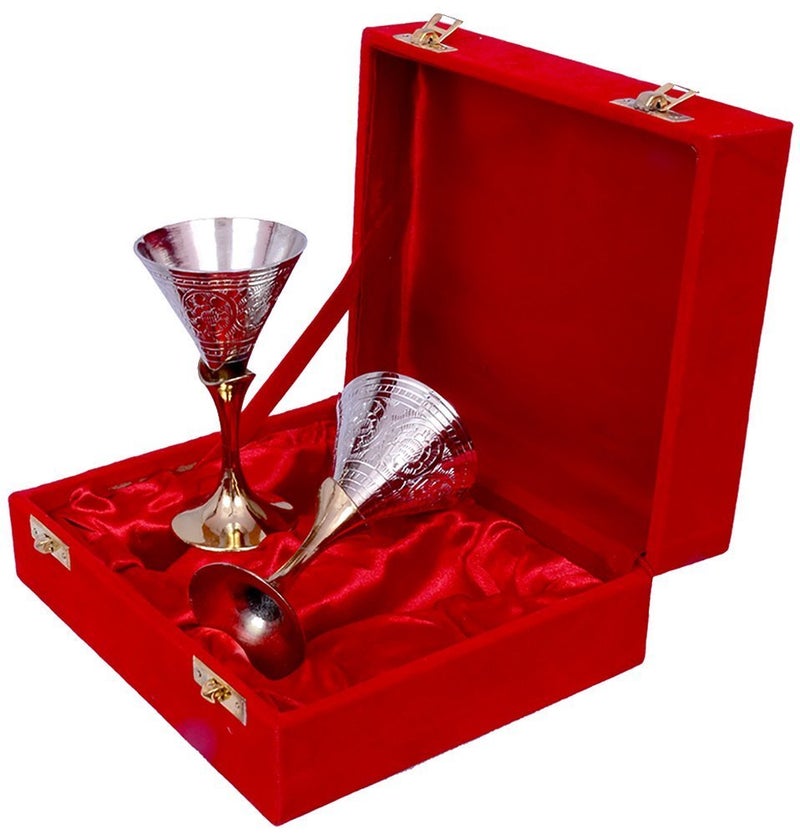 Piepot Pure Brass Silver Plated Wine Glass Set of 2 Taquila Set 60 Ml Red Velvet Box Goblet Flute Brass Tumbler Birthday Diwali Wedding Gift - Image 1
