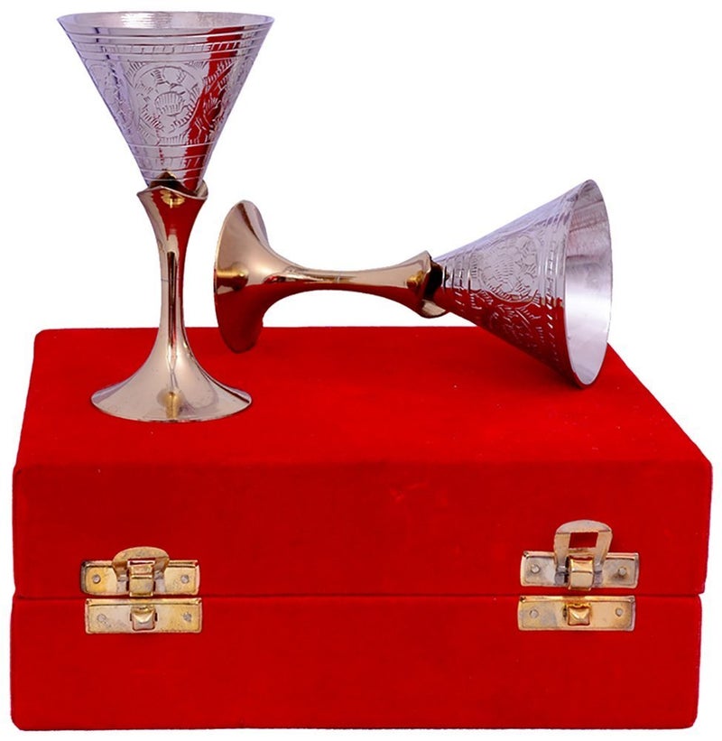 Piepot Pure Brass Silver Plated Wine Glass Set of 2 Taquila Set 60 Ml Red Velvet Box Goblet Flute Brass Tumbler Birthday Diwali Wedding Gift - Image 2