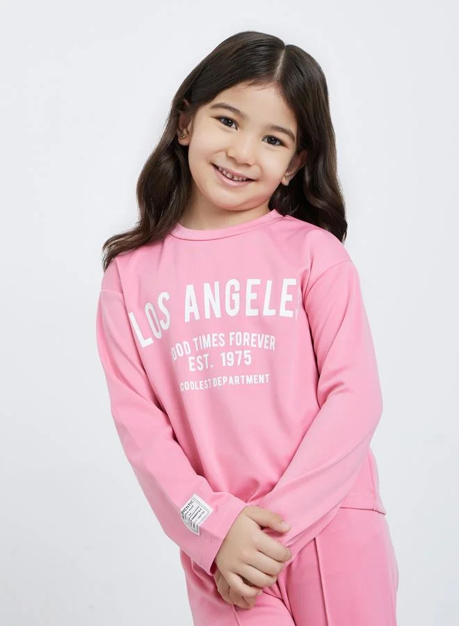 ستايلي Styli Girls Pink LA Print Top and Joggers Set