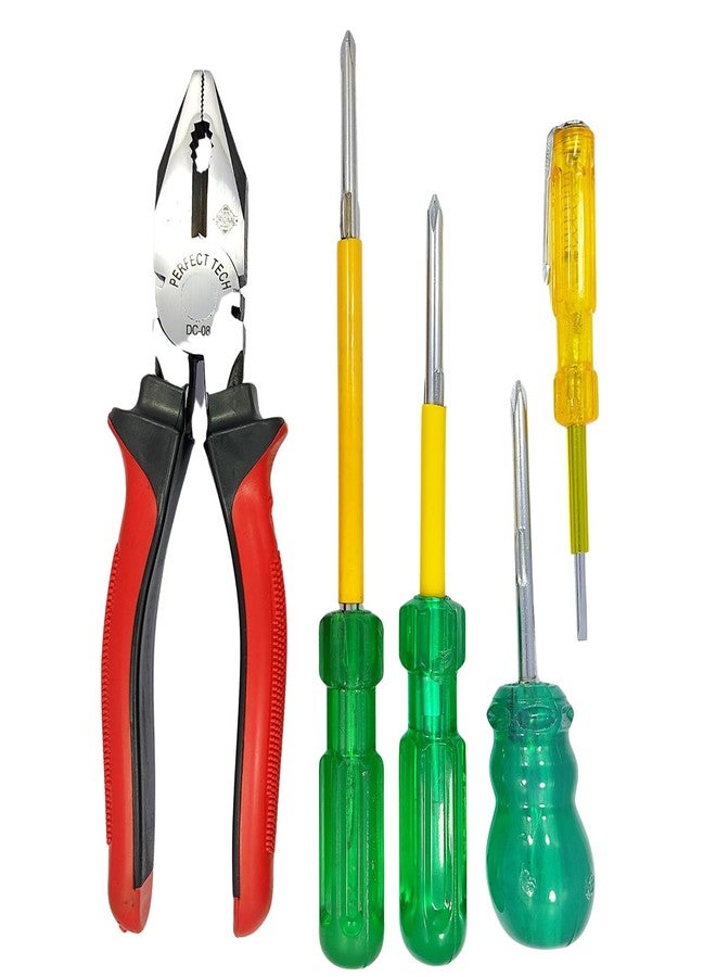 PERFECT TECH Combo Set of 5 Combination Plier 8 Inch | Screwdriver 4,6,8 Inch | Line Tester 8 Inch | Tools Kit Set | Steel Pliers Original | Heavy Duty | - Image 1