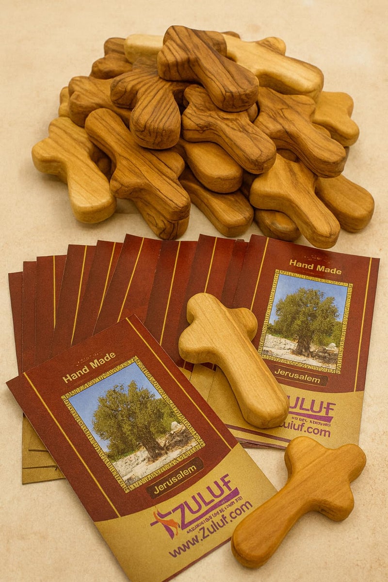 Zuluf 25 Small Olive Wood Comfort Crosses from Bethlehem Israel | Religious Pocket Holding Crosses Gift for Kids and Adults | 6cm / 2.5 Inch Each Cross - Image 4
