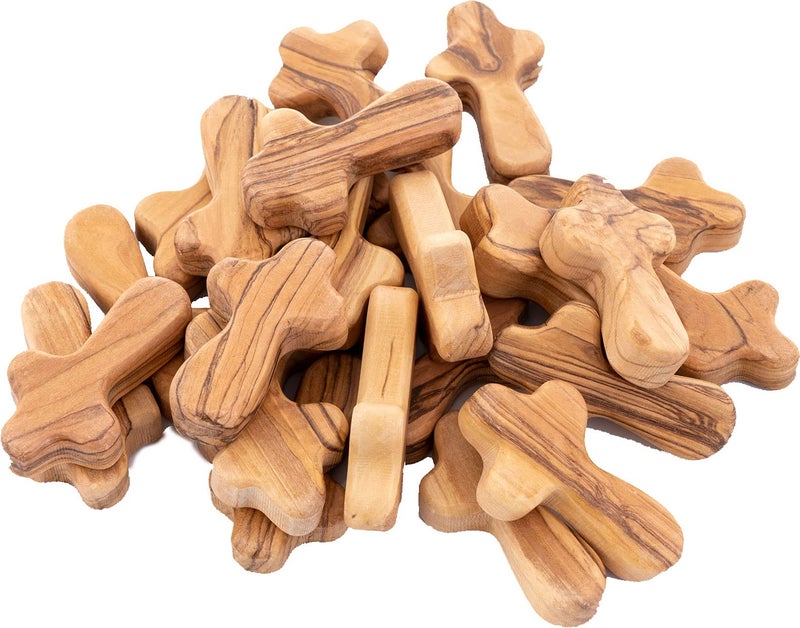 Zuluf 25 Small Olive Wood Comfort Crosses from Bethlehem Israel | Religious Pocket Holding Crosses Gift for Kids and Adults | 6cm / 2.5 Inch Each Cross - Image 1