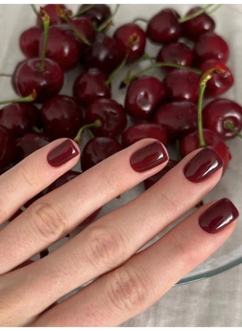 أظافر تركيب 24 قطعة باللون الأحمر الكرزي بتصميم أنيق - Image 1