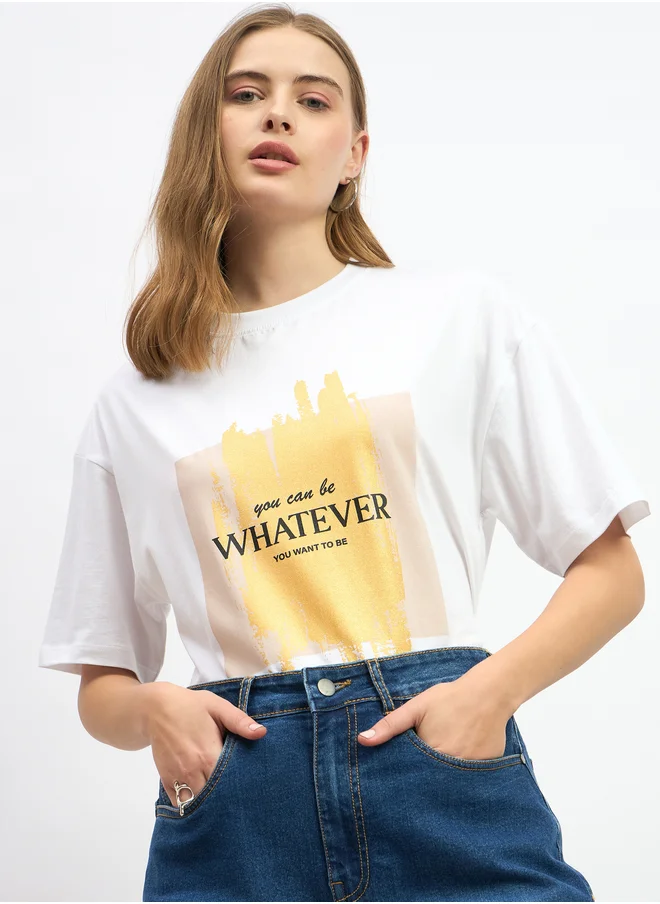 Styli Slogan Print Round Neck Oversized T-Shirt