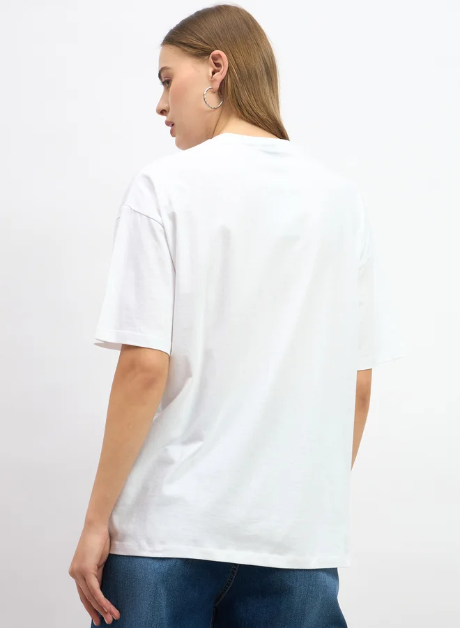 Styli Slogan Print Round Neck Oversized T-Shirt