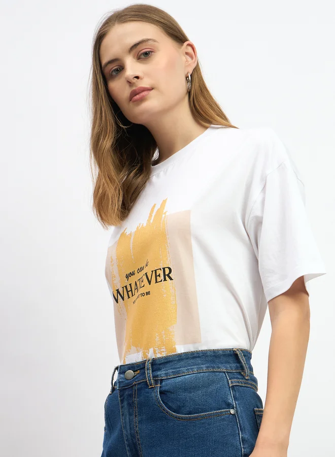 Styli Slogan Print Round Neck Oversized T-Shirt
