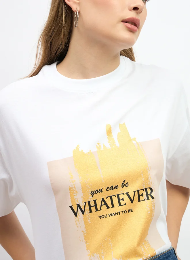 Styli Slogan Print Round Neck Oversized T-Shirt