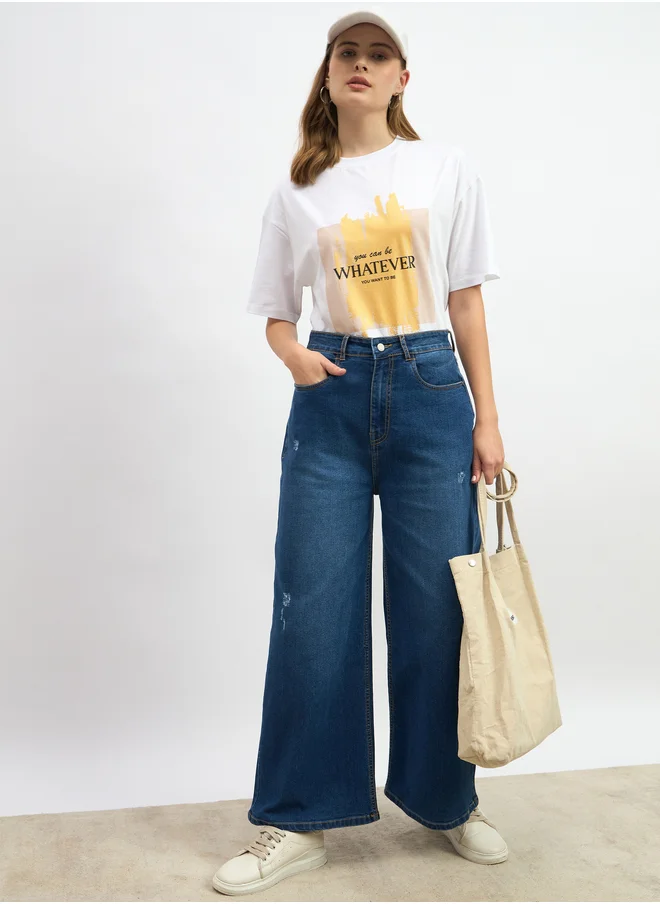 Styli Slogan Print Round Neck Oversized T-Shirt
