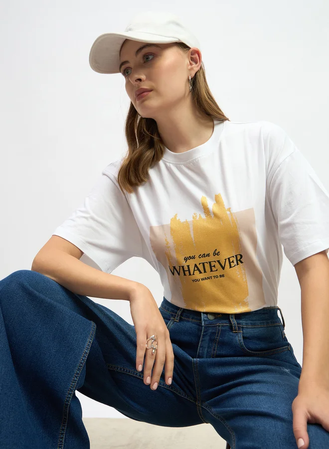 Styli Slogan Print Round Neck Oversized T-Shirt