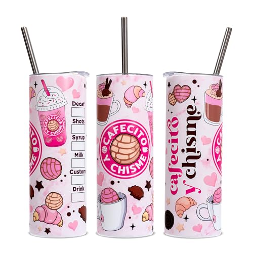 Rmeosye Cafecito Y Chisme Tumbler Gift, 20oz Cute Pattern Stainless Steel Tumbler with Lid and Straw, Mexican Coffee Mug Gift for Women Mom Daughter Coworker Friends - Image 1