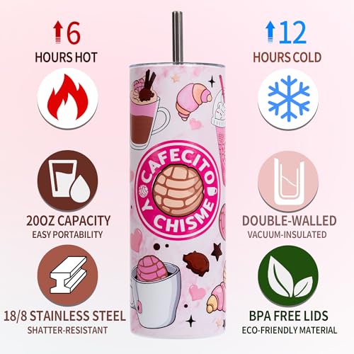 Rmeosye Cafecito Y Chisme Tumbler Gift, 20oz Cute Pattern Stainless Steel Tumbler with Lid and Straw, Mexican Coffee Mug Gift for Women Mom Daughter Coworker Friends - Image 2
