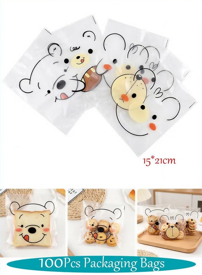 YJ 100pcs Self Sealing Bags,Plastic Packaging Bags for Cookies and Candy,Cute Bear Transparent Cellophane for Home Bakers Party Birthday Wedding (15x21cm) - Image 1