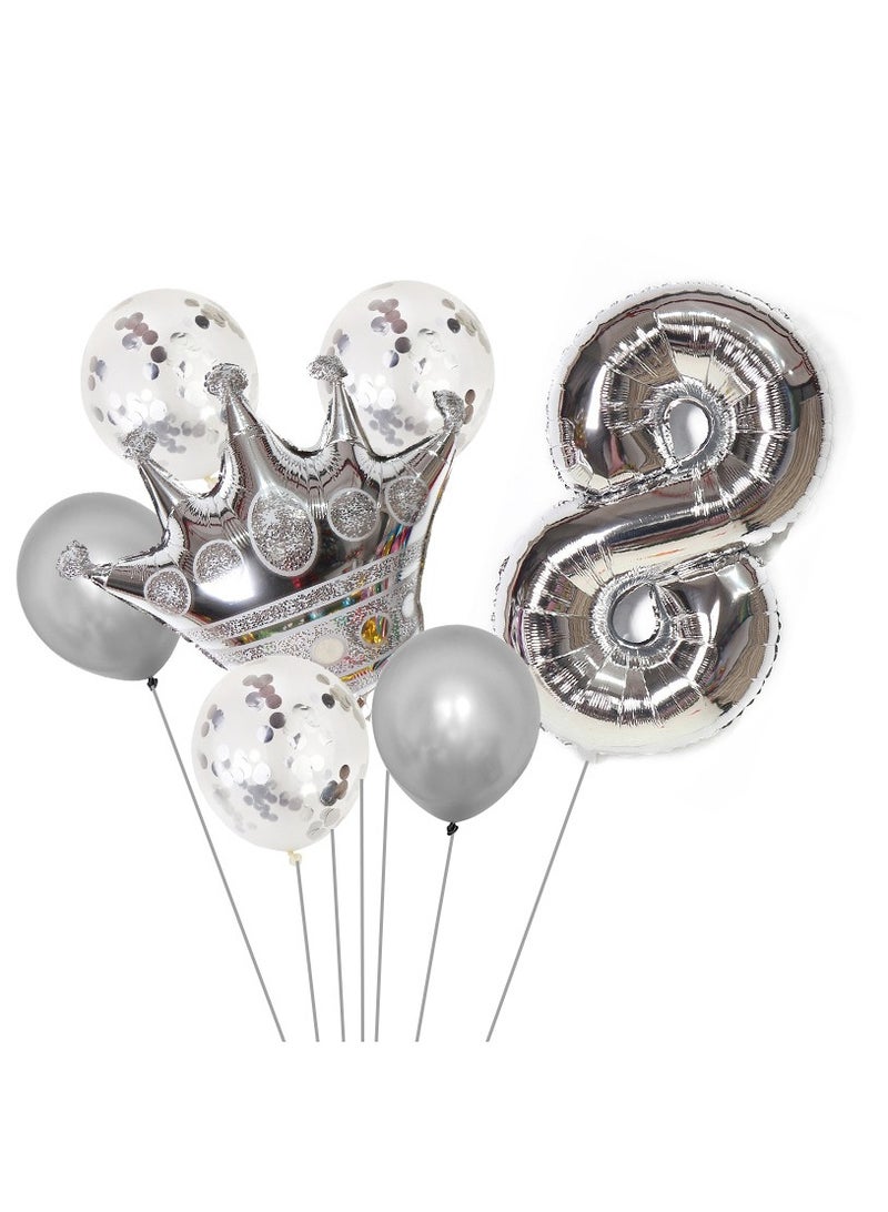 Party 8-piece set for 8th birthday party anniversary decoration party supplies including silver number 8 balloons, silver crown foil balloon set, 12-inch sequin balloons, 12-inch silver balloons 