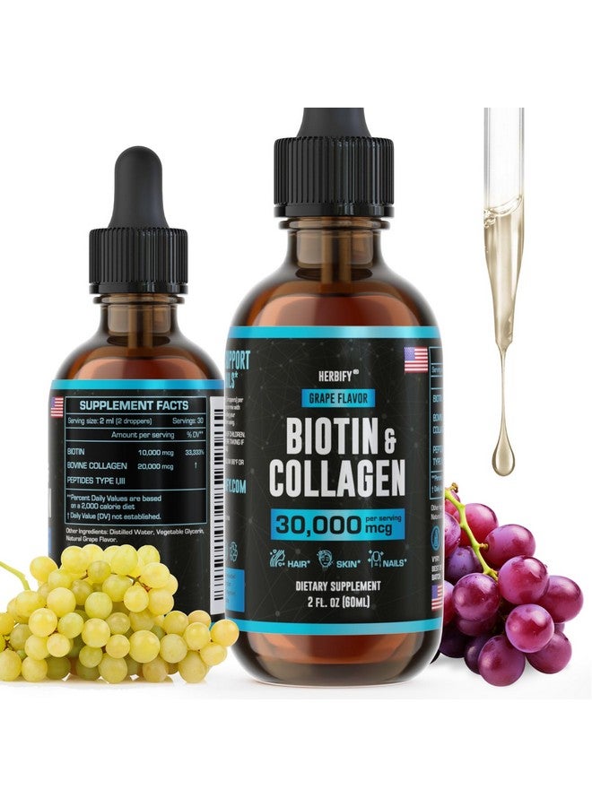 HERBIFY قطرات سائلة من هيربيفي كولاجين وبيوتين - مكمل لامتصاص أسرع لنمو الشعر وأظافر أقوى - فيتامينات للشعر والبشرة والأظافر للنساء والرجال - مكمل B7 - صنع في الولايات المتحدة الأمريكية - Image 1