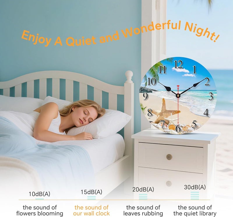Toudorp 8 Inch Wall Clock Coastal Seashell Starfish Beach Decorative Clocks, Silent Non Ticking Battery Operated Palm Tree Wall Clock for Bedroom/Living Room/Kitchen - Image 5