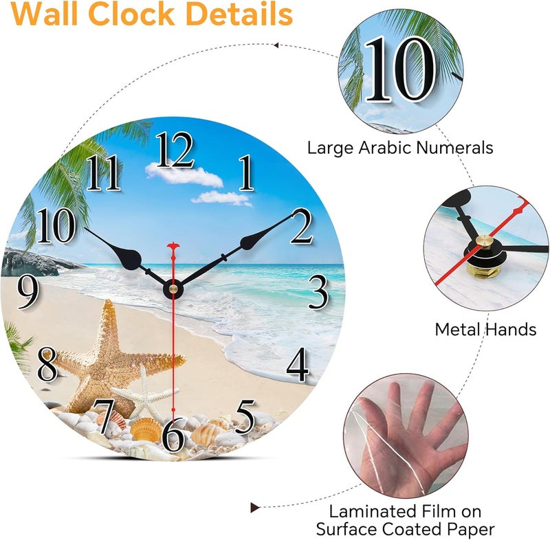 Toudorp 8 Inch Wall Clock Coastal Seashell Starfish Beach Decorative Clocks, Silent Non Ticking Battery Operated Palm Tree Wall Clock for Bedroom/Living Room/Kitchen - Image 3