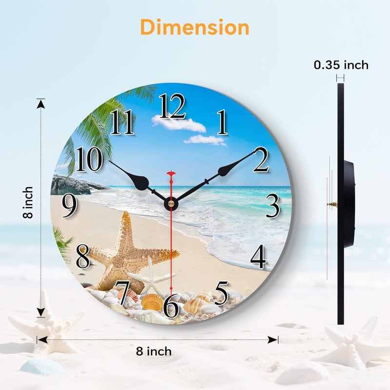 Toudorp 8 Inch Wall Clock Coastal Seashell Starfish Beach Decorative Clocks, Silent Non Ticking Battery Operated Palm Tree Wall Clock for Bedroom/Living Room/Kitchen - Image 4