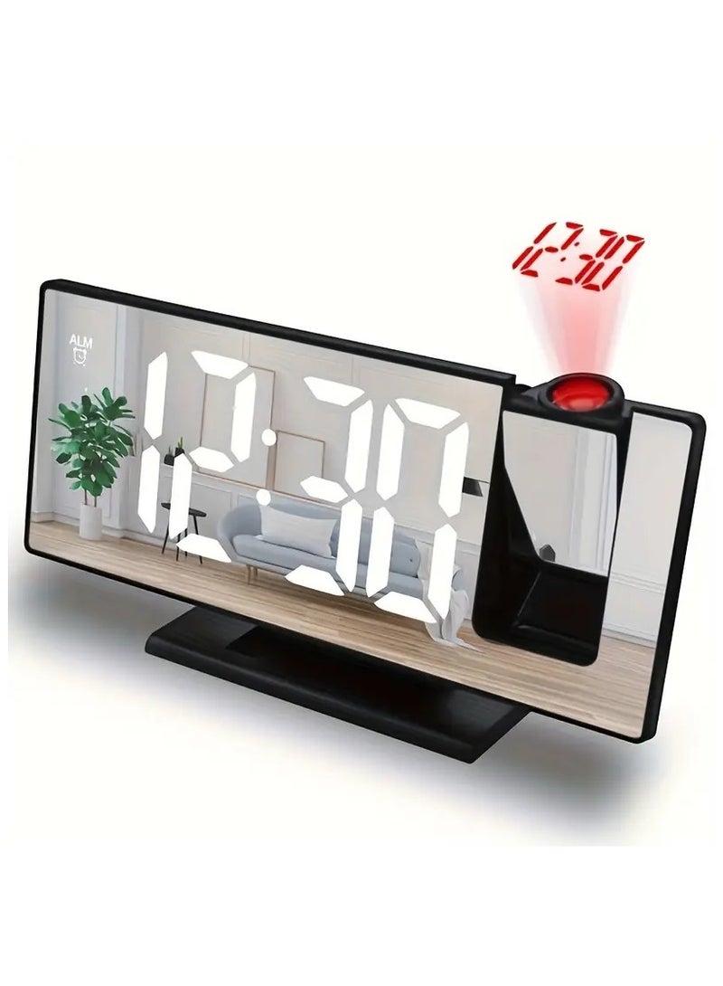DS Digital Alarm Clock With Multiple Functions Powered By USB 5V Or Button Battery(included), Featuring A Large LED Screen For The Bedroom - Easy Time And Alarm Display, Office Clock With Projection Feature To Display The Screen On The Wall In Multiple Directions. Dimensions: 18.5 * 7.5 cm, Black Color + White Screen + Red Light. - Image 1