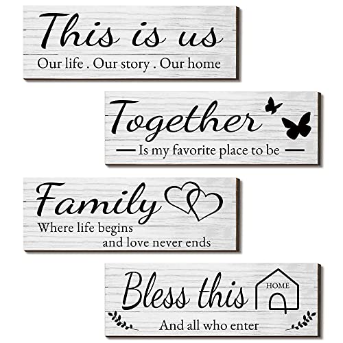 Joyhawk 4 Pieces Wooden Home Wall Art Decor, Rustic, Farmhouse THIS IS US/TOGETHER/BLESS THIS HOME/FAMILY Decor Signs For Living Room Bedroom, 4.7 x 13.8 Inch(White) - Image 1