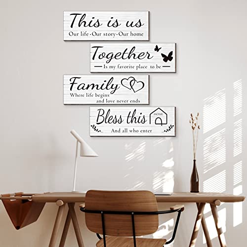 Joyhawk 4 Pieces Wooden Home Wall Art Decor, Rustic, Farmhouse THIS IS US/TOGETHER/BLESS THIS HOME/FAMILY Decor Signs For Living Room Bedroom, 4.7 x 13.8 Inch(White) - Image 3