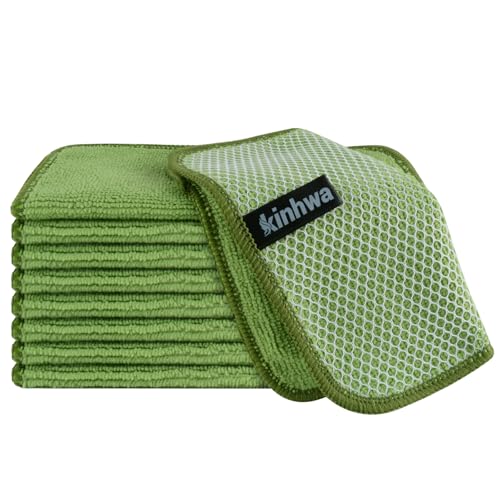 KinHwa Kitchen Washcloths for Dishes Absorbent Microfiber Dish Cloths Quick Dry Dish Rags with Poly Scour Scrub Side Ideal for Kitchen Cleaning (Green, 7inchx7inch 9 Pack) - Image 1