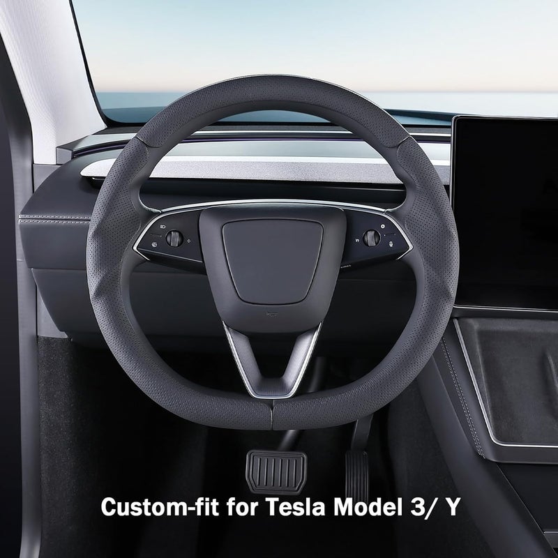 Aotoyou غطاء عجلة القيادة لطراز تسلا Model 3 من عام 2024 حتى الآن، موديلات Highland/Tesla Model Y Juniper لعام 2025 حتى الآن، غطاء عجلة قيادة من الجلد لطراز تسلا Model 3 موديلات Highland/Y Juniper، باللون الأسود - Image 2