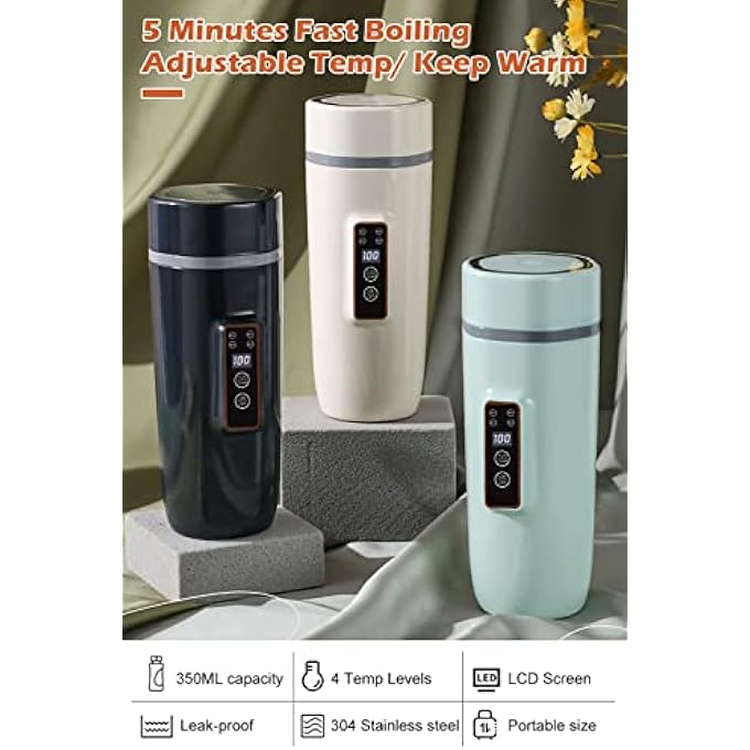 WOOLALA 350Ml Portable Travel Kettle With 4 Temperature Settings Small Electric Kettle With Digital Screen LeakProof Electric Heating Cup 304 Stainless Steel Tea Kettle Auto Off 5 Minutes Fast Boil - Image 3