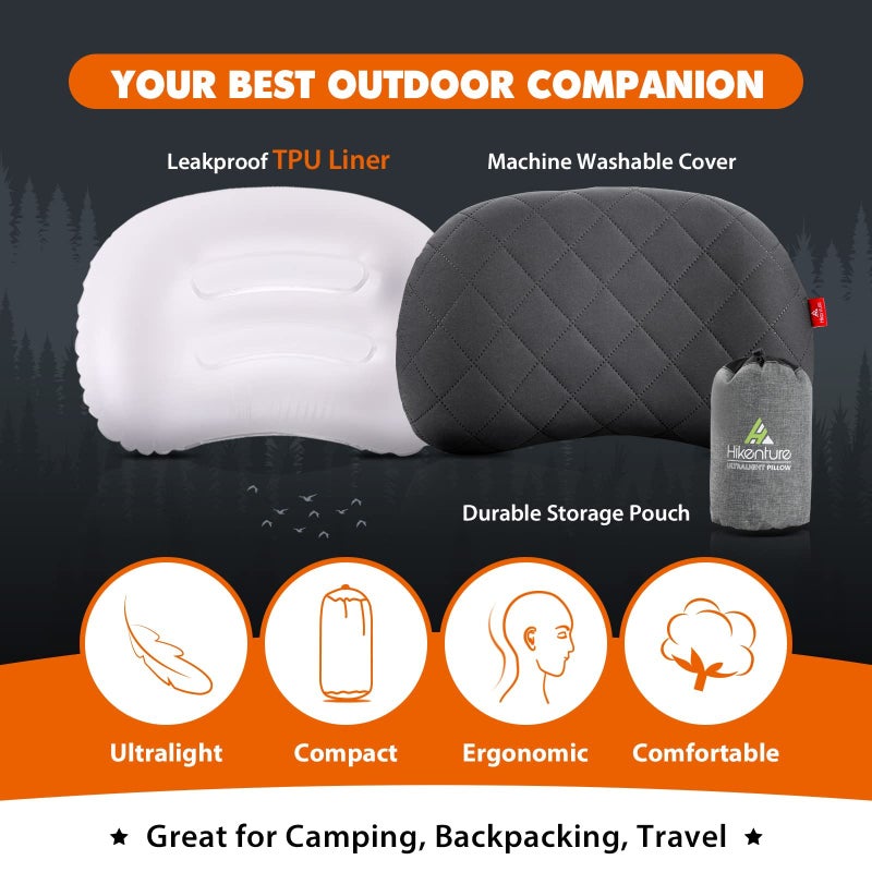 Hikenture Camping Pillow with Removable Cover, Ultralight Inflatable Backpacking Pillow for Sleeping, Blow Up Pillows, Portable&Compact Hiking Pillow for Beach, Travel, Outdoor(Grey) - Image 2