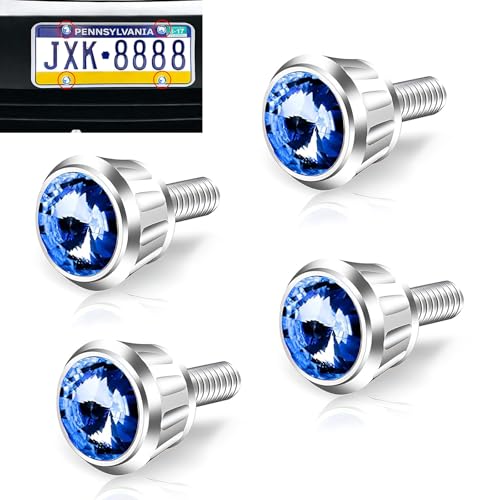yorpyep 4 PCS License Plate Screws Fastener Kit Sparkling Rhinestone Car Anti Theft Screw Caps Cool Funny License Plate Frame Decorative Screws Bolts Universal for Most Cars Trucks SUVs Blue - Image 1