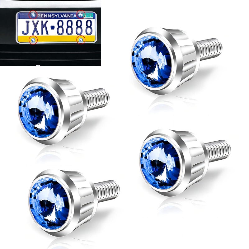 yorpyep 4 PCS License Plate Screws Fastener Kit Sparkling Rhinestone Car Anti Theft Screw Caps Cool Funny License Plate Frame Decorative Screws Bolts Universal for Most Cars Trucks SUVs Blue - Image 3