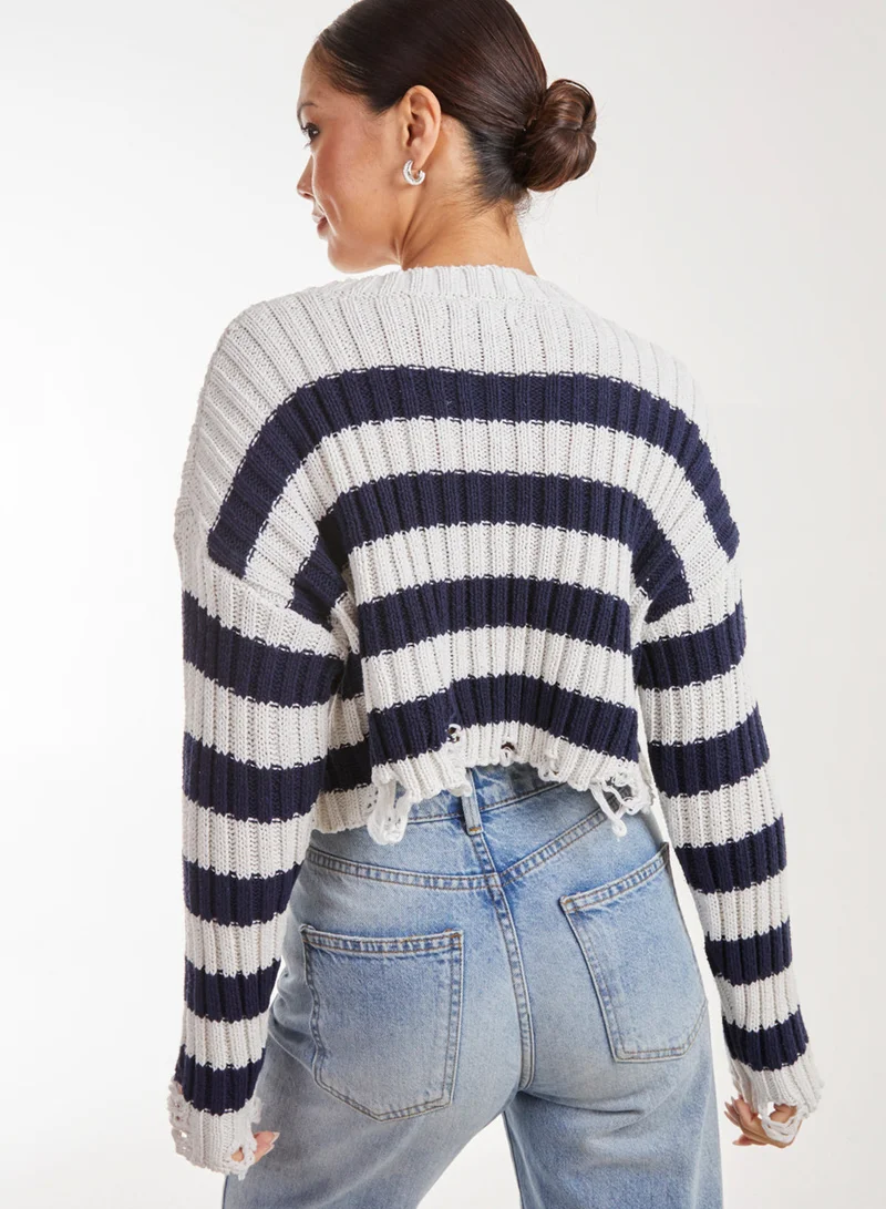 بينك فانيلا Distressed Striped Crop Knit Jumper