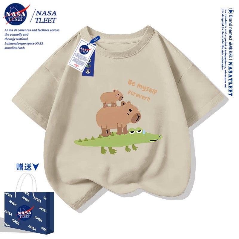 Nasa Co-Brand Cute Kappibala Printed T-Shirt New Round Neck Western Style Bottoming Shirt Cotton Short Sleeve For Boys And Girls - Image 1