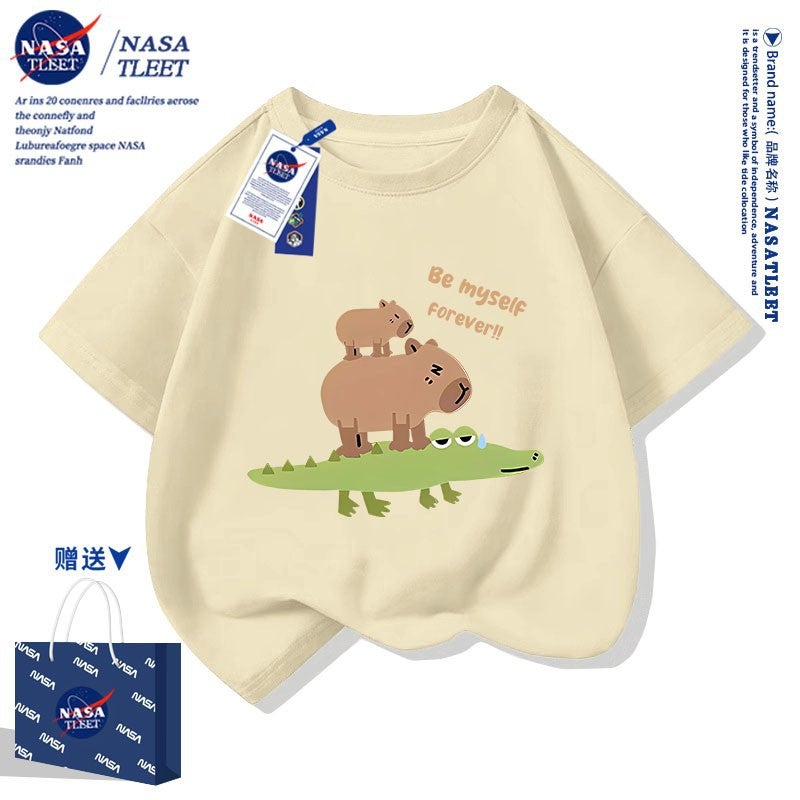 Nasa Co-Brand Cute Kappibala Printed T-Shirt New Round Neck Western Style Bottoming Shirt Cotton Short Sleeve For Boys And Girls - Image 2