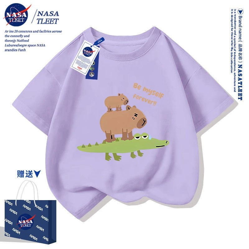 Nasa Co-Brand Cute Kappibala Printed T-Shirt New Round Neck Western Style Bottoming Shirt Cotton Short Sleeve For Boys And Girls - Image 3
