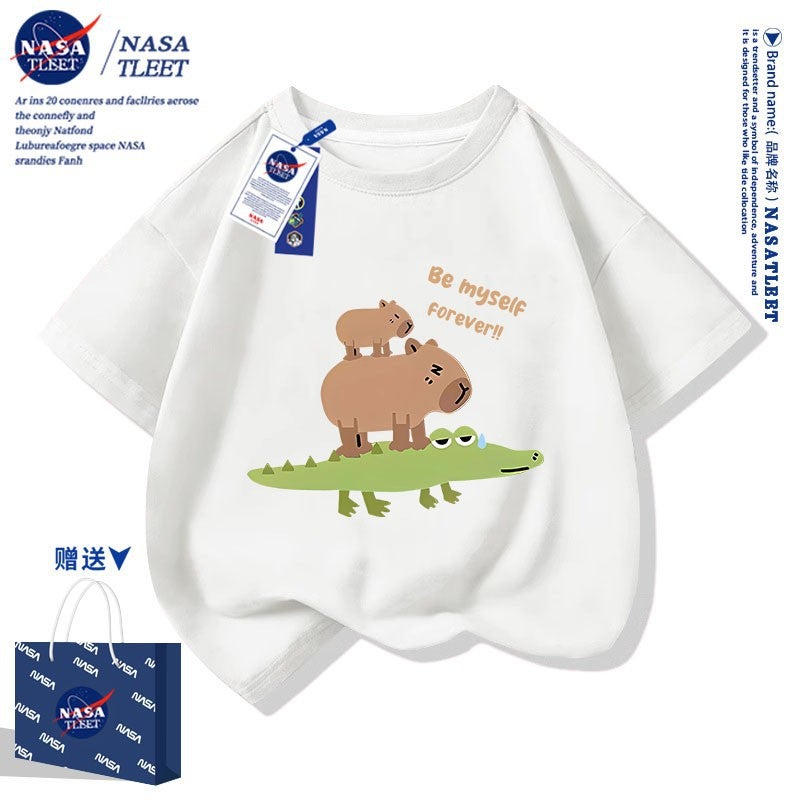 Nasa Co-Brand Cute Kappibala Printed T-Shirt New Round Neck Western Style Bottoming Shirt Cotton Short Sleeve For Boys And Girls - Image 4
